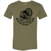 Front view of an olive premium turkey hunting shirt showing a large black strutting wild turkey graphic with Beard Strut Truth text.