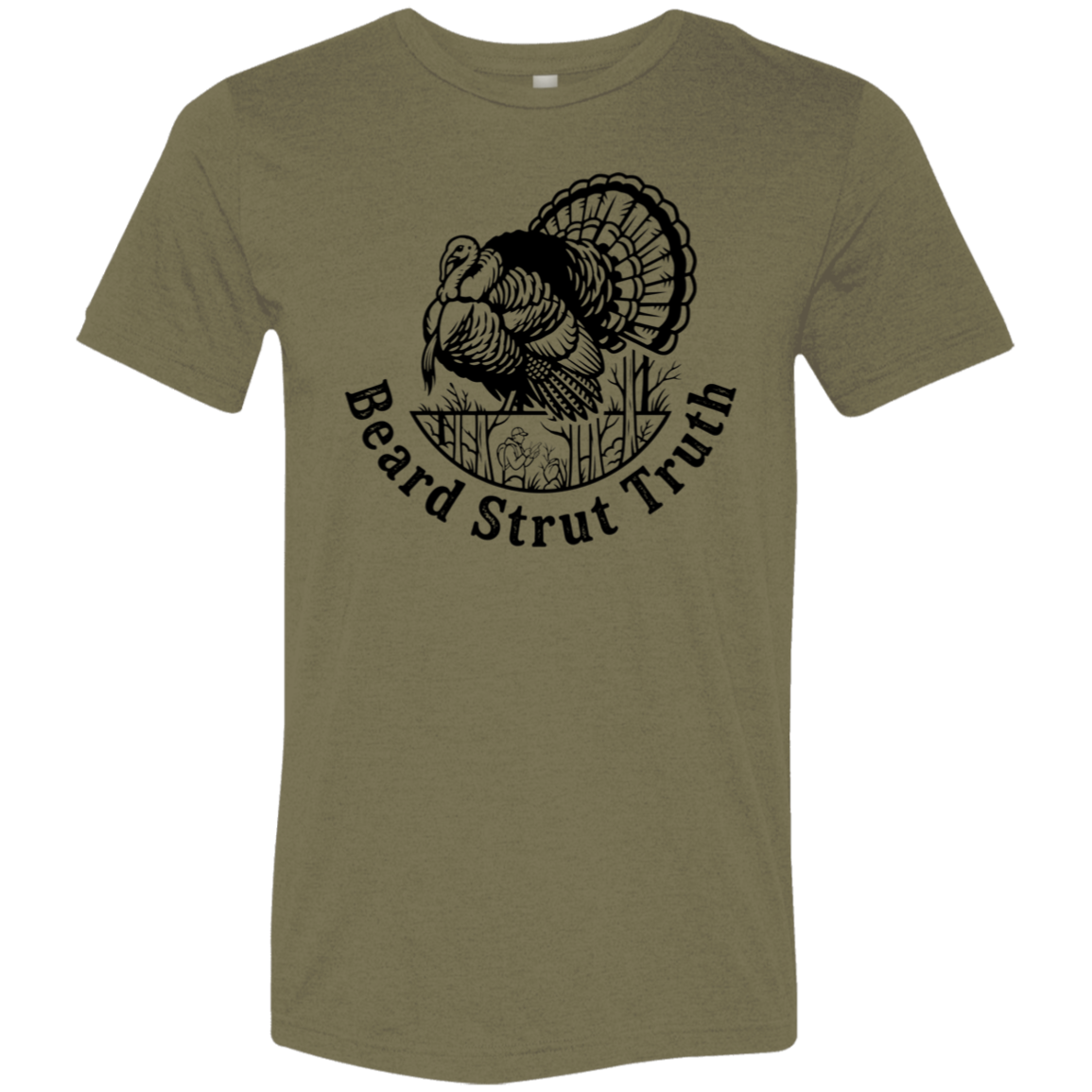 Front view of an olive premium turkey hunting shirt showing a large black strutting wild turkey graphic with Beard Strut Truth text.