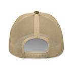 Back view of Moss and Khaki trucker hat with breathable mesh and adjustable snapback.