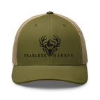 Moss and Khaki trucker hat with embroidered Fearless Harbor whitetail logo on the front panel.