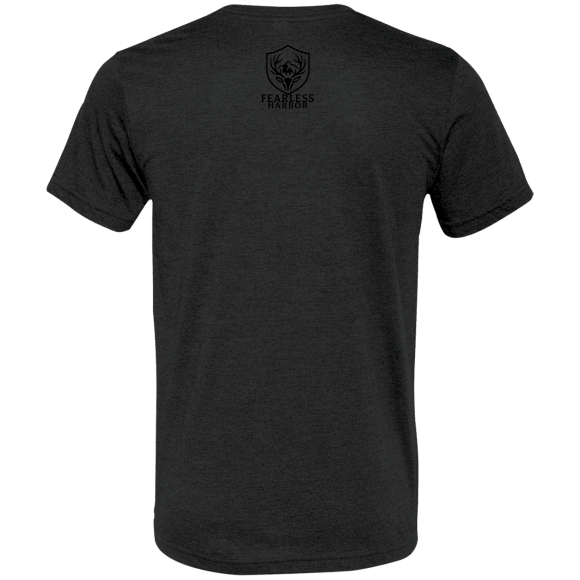 Back view of the Men’s Not All Shadows Are Animals Bigfoot Archery Premium Tee in Charcoal Triblend showing a small upper back Fearless Harbor shield logo near the collar.