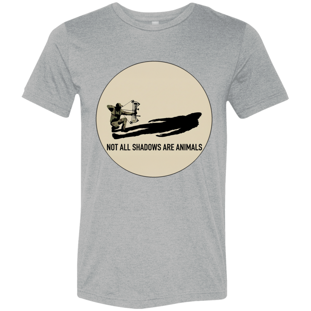 Front view of the Men’s Not All Shadows Are Animals Bigfoot Archery Premium Tee in Athletic Heather showing a kneeling bowhunter inside a large circle with a long dark shadow and the words Not All Shadows Are Animals.