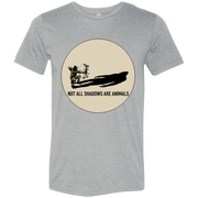 Front view of the Men’s Not All Shadows Are Animals Bigfoot Archery Premium Tee in Athletic Heather showing a kneeling bowhunter inside a large circle with a long dark shadow and the words Not All Shadows Are Animals.