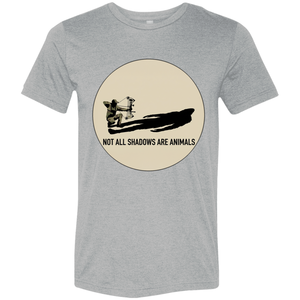 Front view of the Men’s Not All Shadows Are Animals Bigfoot Archery Premium Tee in Athletic Heather showing a kneeling bowhunter inside a large circle with a long dark shadow and the words Not All Shadows Are Animals.
