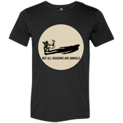 Front view of the Men’s Not All Shadows Are Animals Bigfoot Archery Premium Tee in Charcoal Triblend showing a kneeling bowhunter inside a large circle with a long dark shadow and the words Not All Shadows Are Animals.