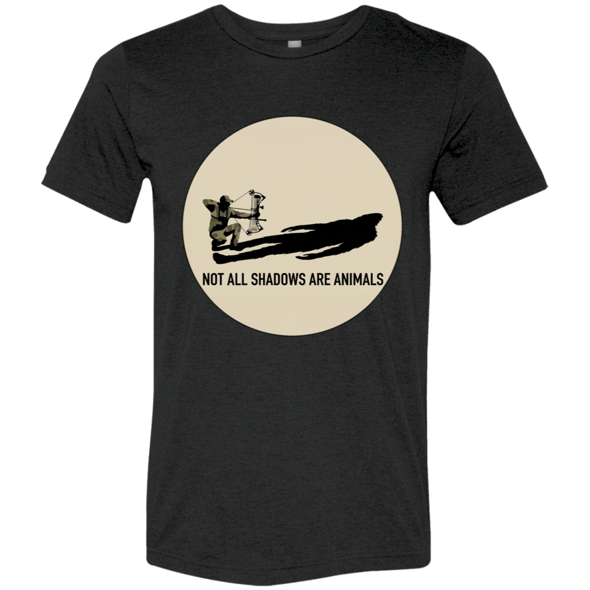 Front view of the Men’s Not All Shadows Are Animals Bigfoot Archery Premium Tee in Charcoal Triblend showing a kneeling bowhunter inside a large circle with a long dark shadow and the words Not All Shadows Are Animals.