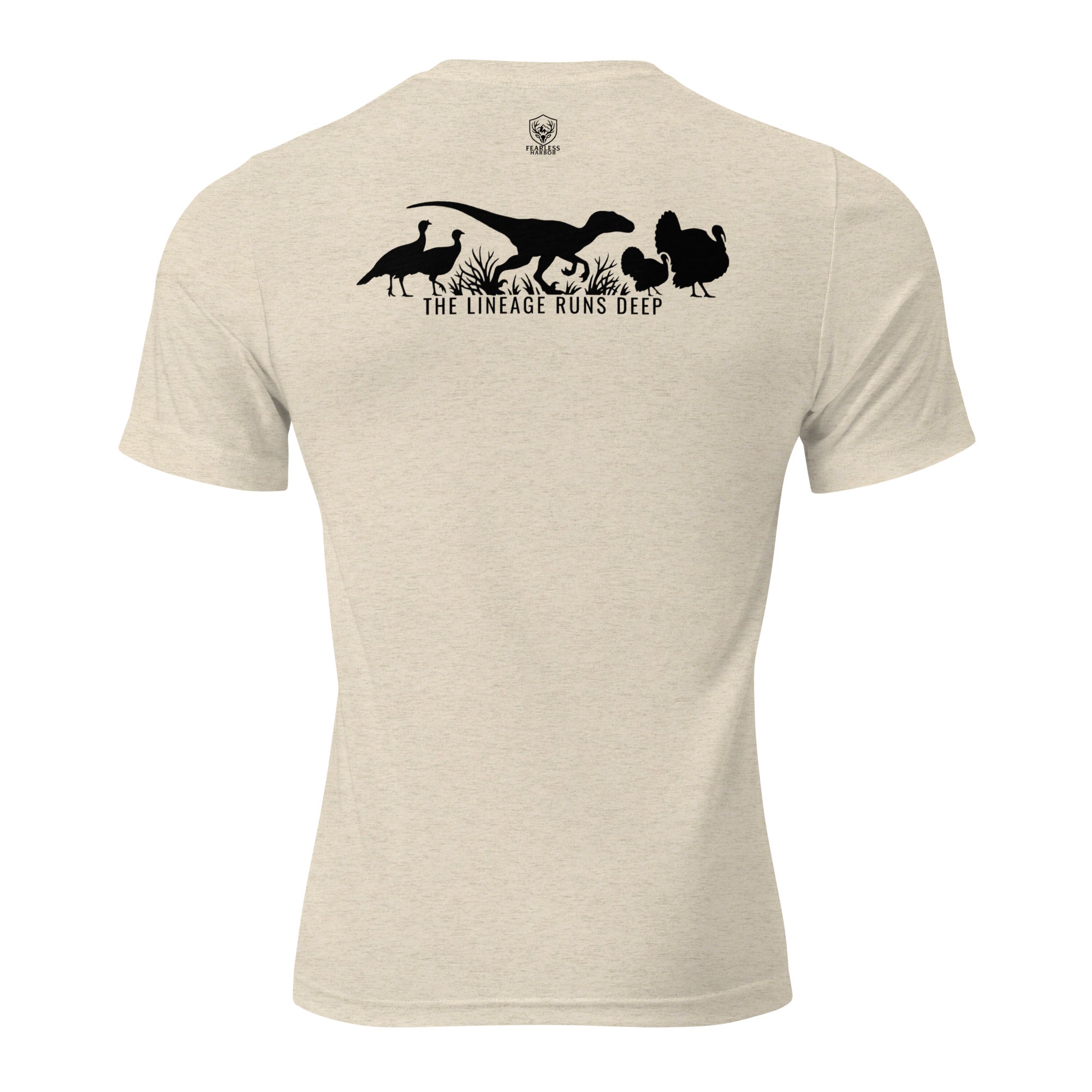 Oatmeal mens turkey hunting graphic tee back view showing raptor walking between turkeys with The Lineage Runs Deep graphic