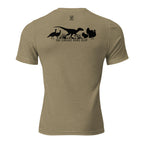 Olive mens turkey hunting graphic tee back view showing raptor walking between turkeys with The Lineage Runs Deep graphic