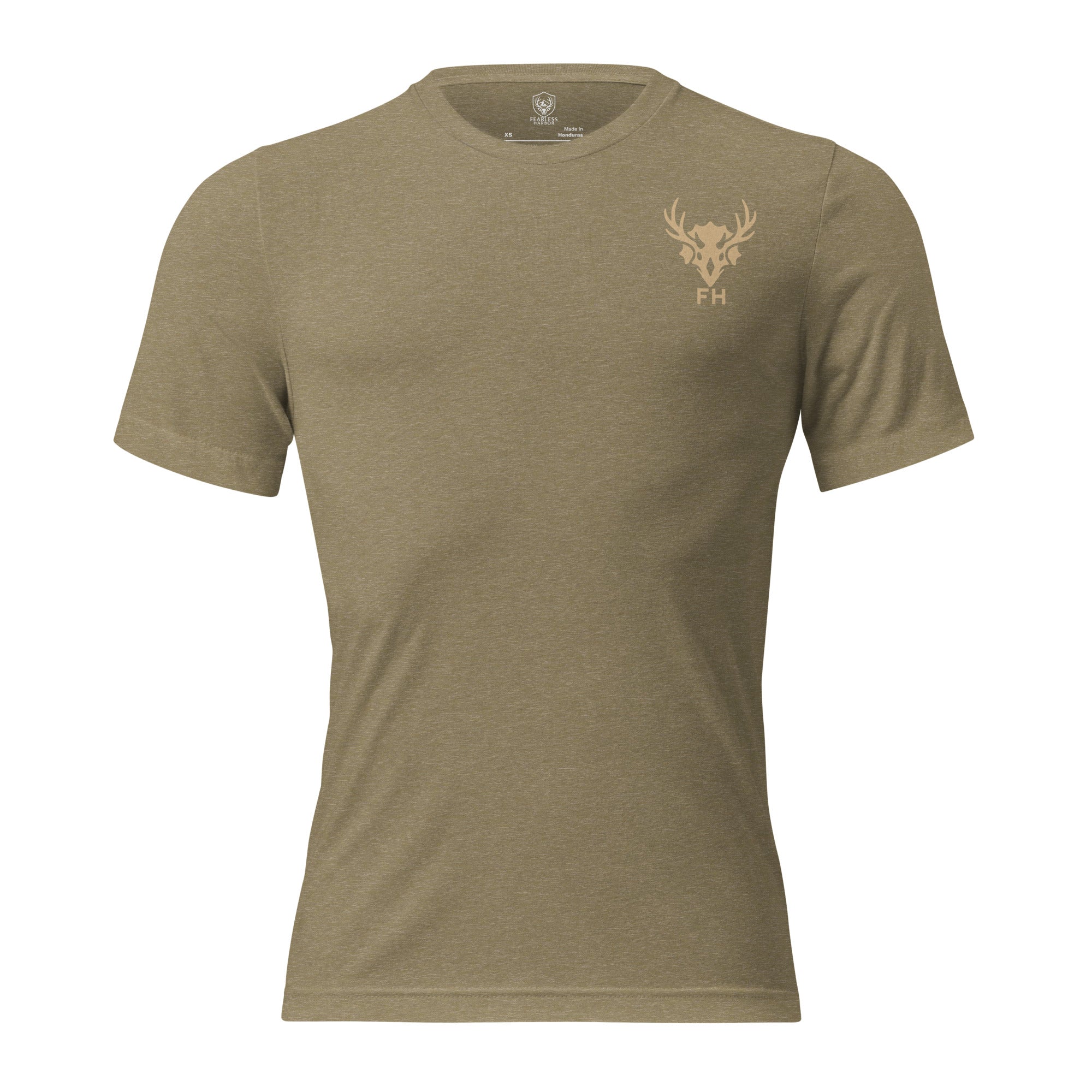 Olive mens turkey hunting graphic tee front view with Fearless Harbor chest mark