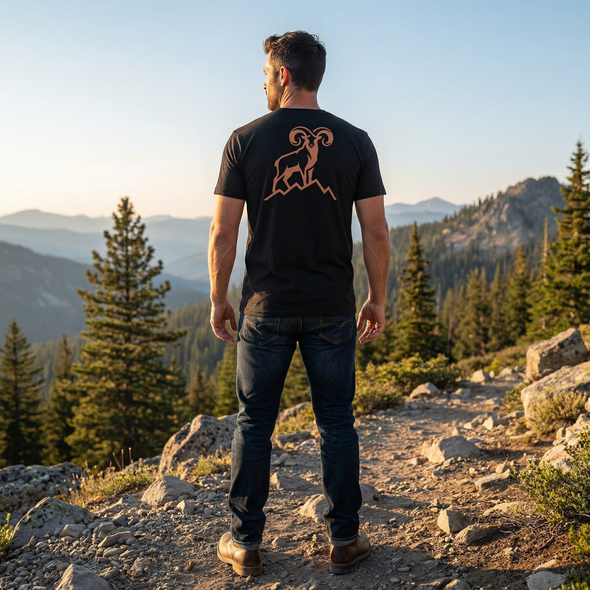 Back lifestyle view of a black heather mens hunting graphic tee showing a full curl bighorn ram design on the back, representing mountain hunting ethics and western big game lifestyle.