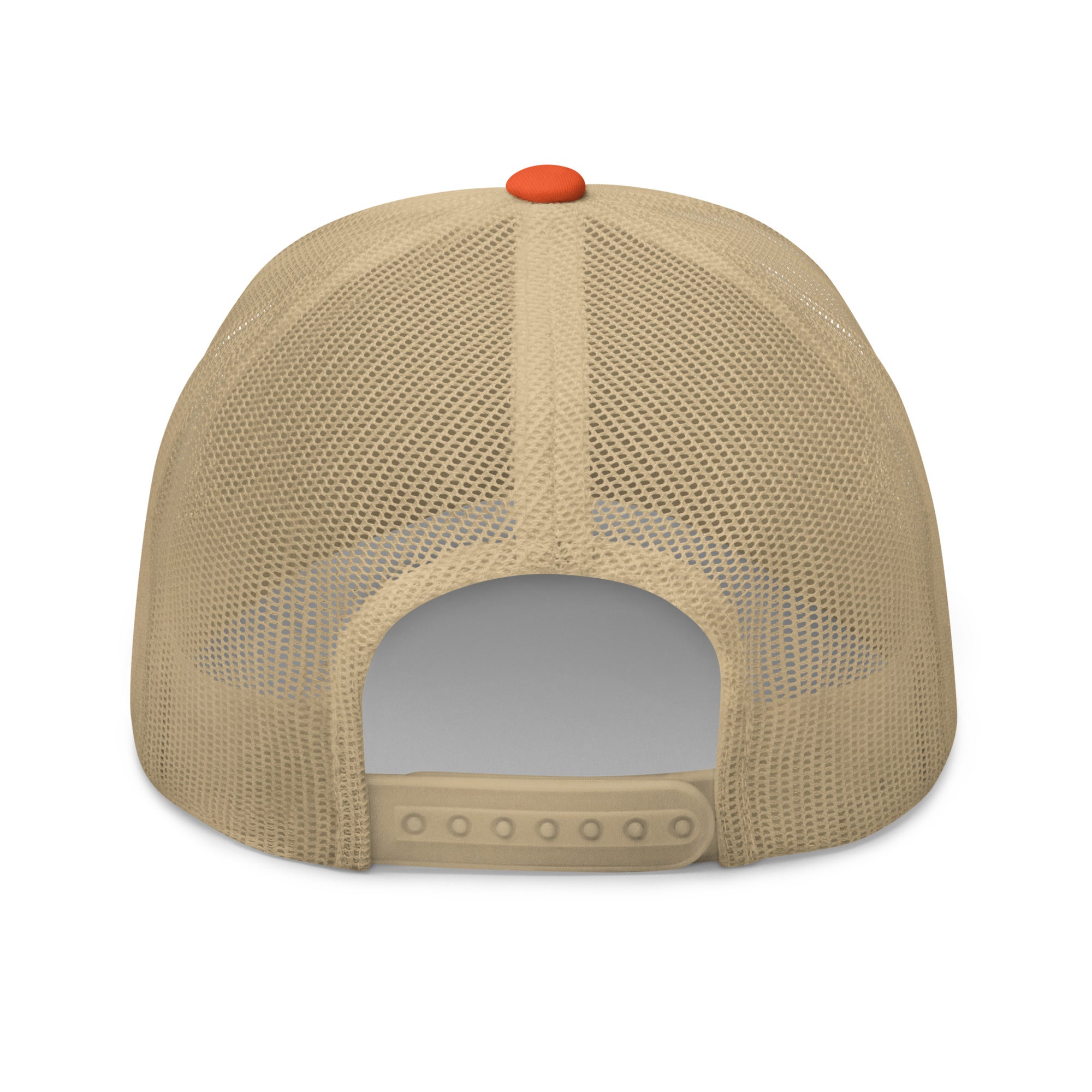 Back view of Rustic Orange and Khaki trucker hat showing breathable mesh panels and adjustable snapback.