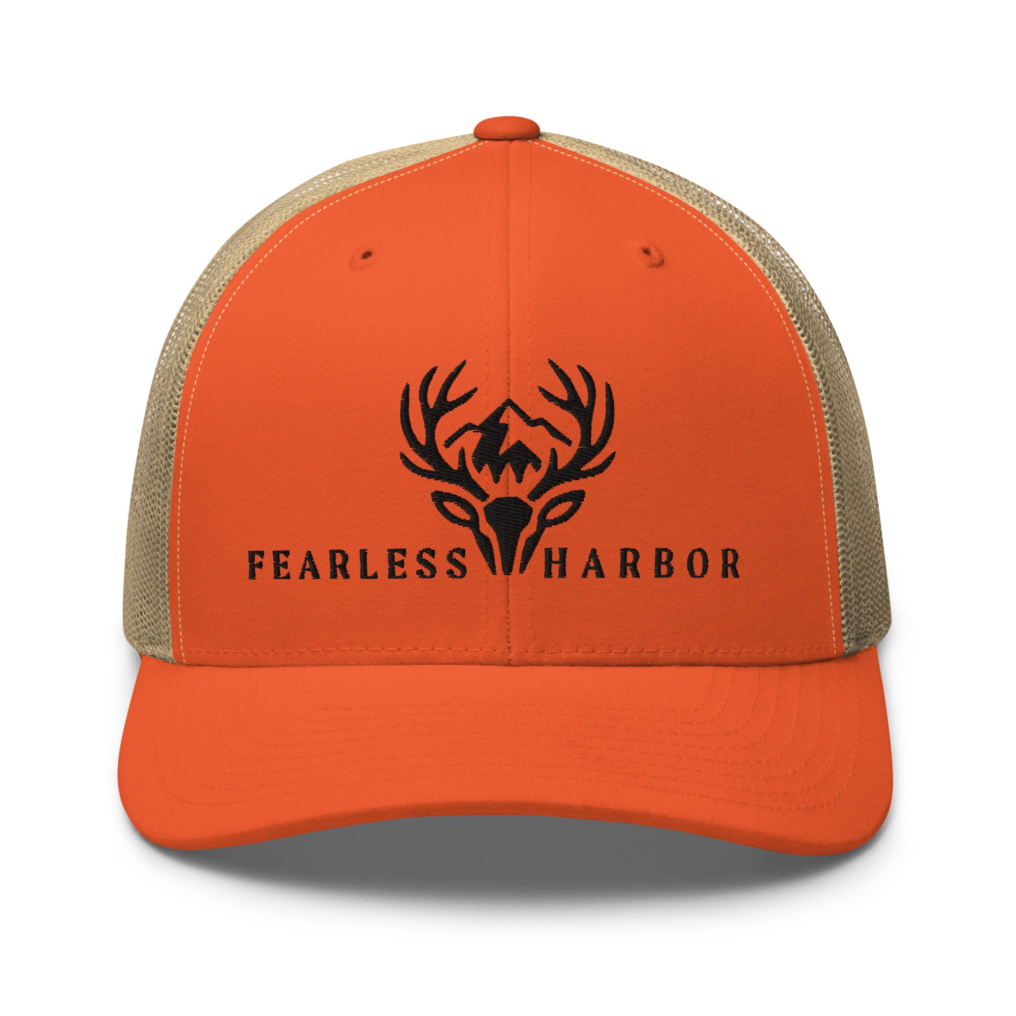 Rustic Orange and Khaki trucker hat with embroidered Fearless Harbor whitetail logo on the front panel.