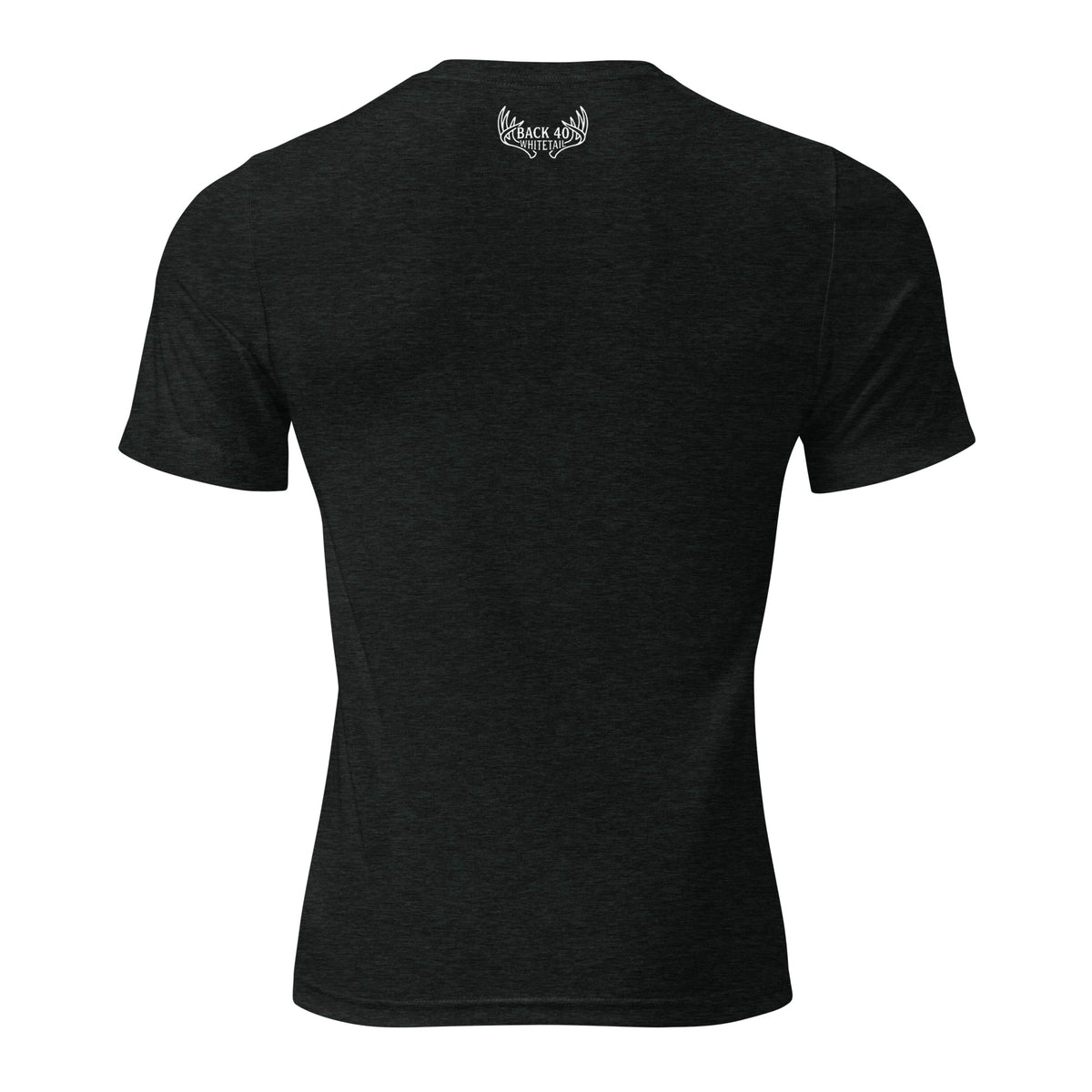 Back view of Men’s Rut Line Heritage Tri-Blend Tee in charcoal black with whitetail rut buck line art graphic