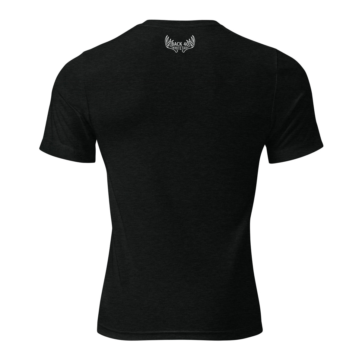 Back view of Men’s Rut Line Heritage Tri-Blend Tee in solid black with whitetail rut buck graphic