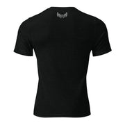 Back view of Men’s Rut Line Heritage Tri-Blend Tee in solid black with whitetail rut buck graphic