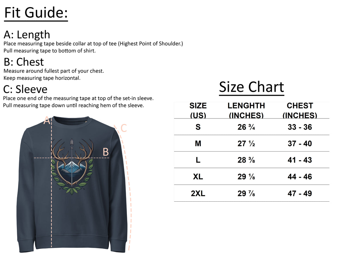Women's Antler Crest Organic Sweatshirt size chart