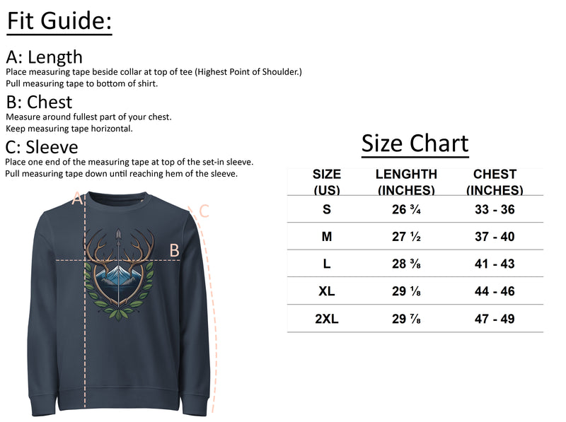 Size chart for Fearless Harbor Women's Antler Crest Organic Sweatshirt