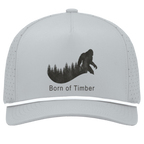Front view of silver and white bigfoot hunting snapback hat featuring black sasquatch silhouette walking across pine timberline with Born of Timber text, mens perforated forest hunting cap.