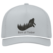 Front view of silver and white bigfoot hunting snapback hat featuring black sasquatch silhouette walking across pine timberline with Born of Timber text, mens perforated forest hunting cap.
