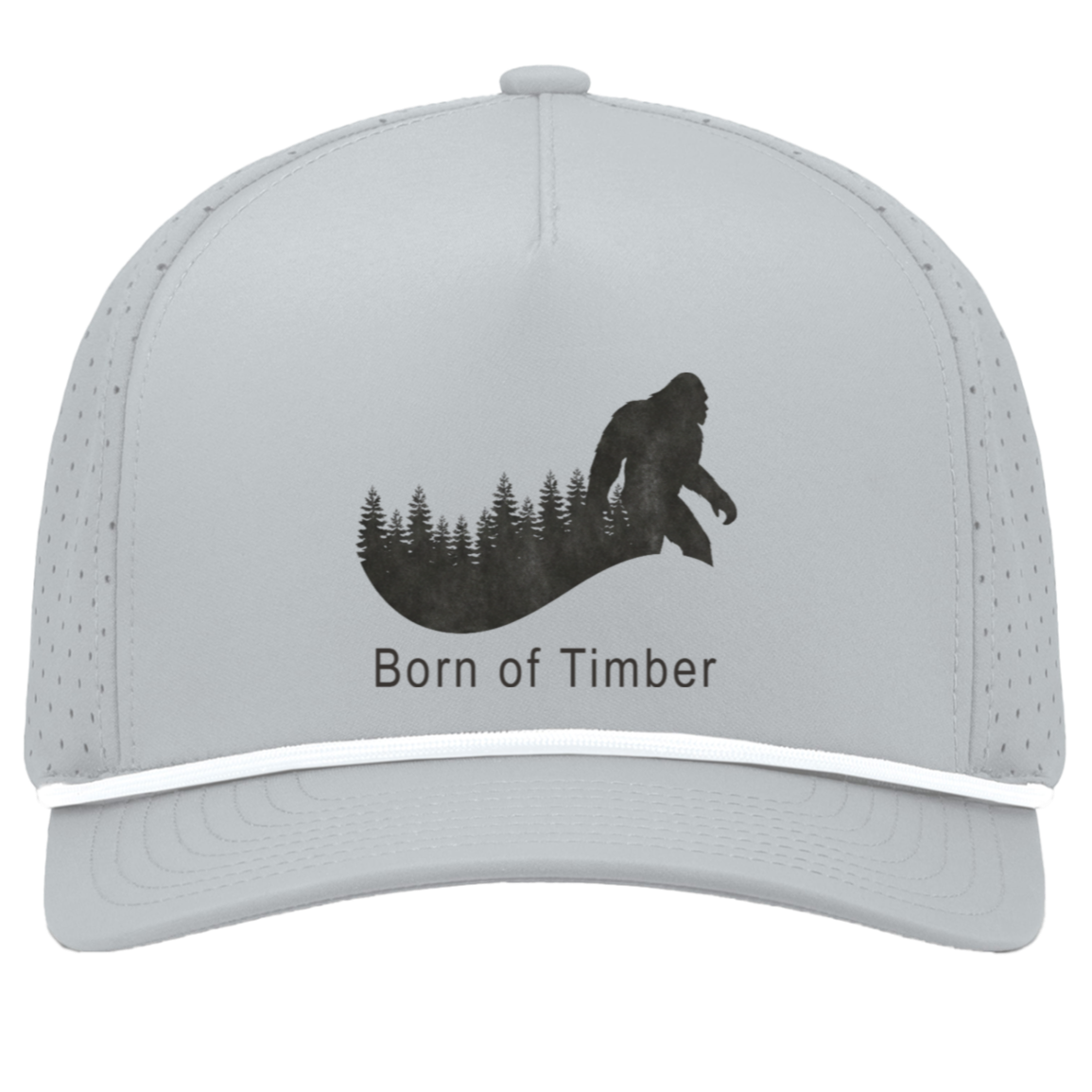 Front view of silver and white bigfoot hunting snapback hat featuring black sasquatch silhouette walking across pine timberline with Born of Timber text, mens perforated forest hunting cap.