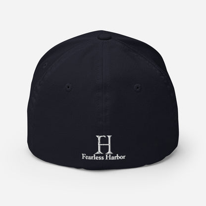 Back of Skybound Drake FlexFit Hat in Dark Navy, with the text Fearless Harbor in white.