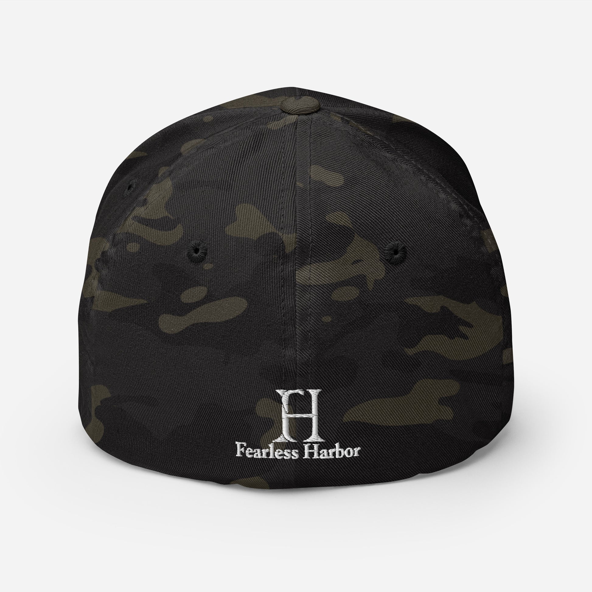 Back of Skybound Drake FlexFit Hat in Multicam Black, with the text Fearless Harbor in white.