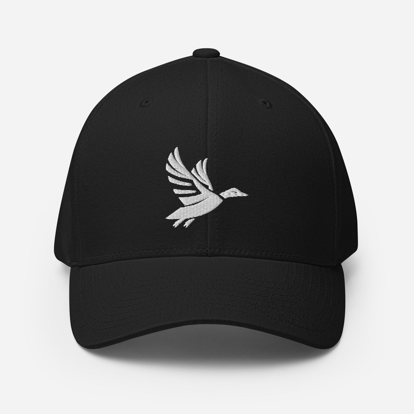 Front of Fearless Harbor FlexFit Hat in Black with white duck logo embroidery on front.