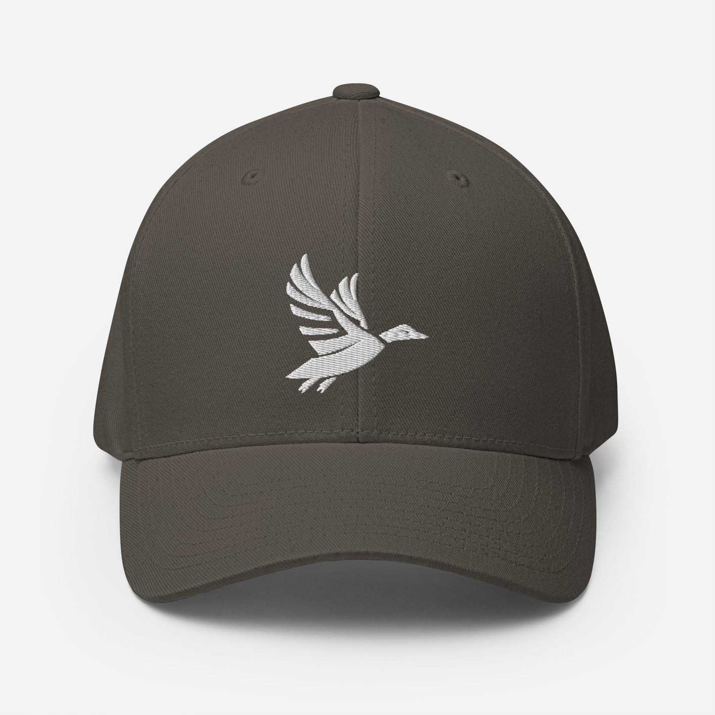 Front of Fearless Harbor FlexFit Hat in Dark Grey with white duck logo embroidery on front.