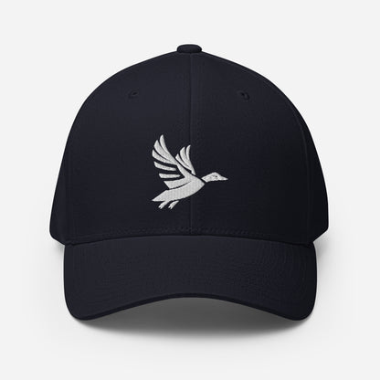 Front of Fearless Harbor FlexFit Hat in Dark Navy with white duck logo embroidery on front.