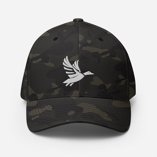 Front of Fearless Harbor FlexFit Hat in Multicam Black with white duck logo embroidery on front.