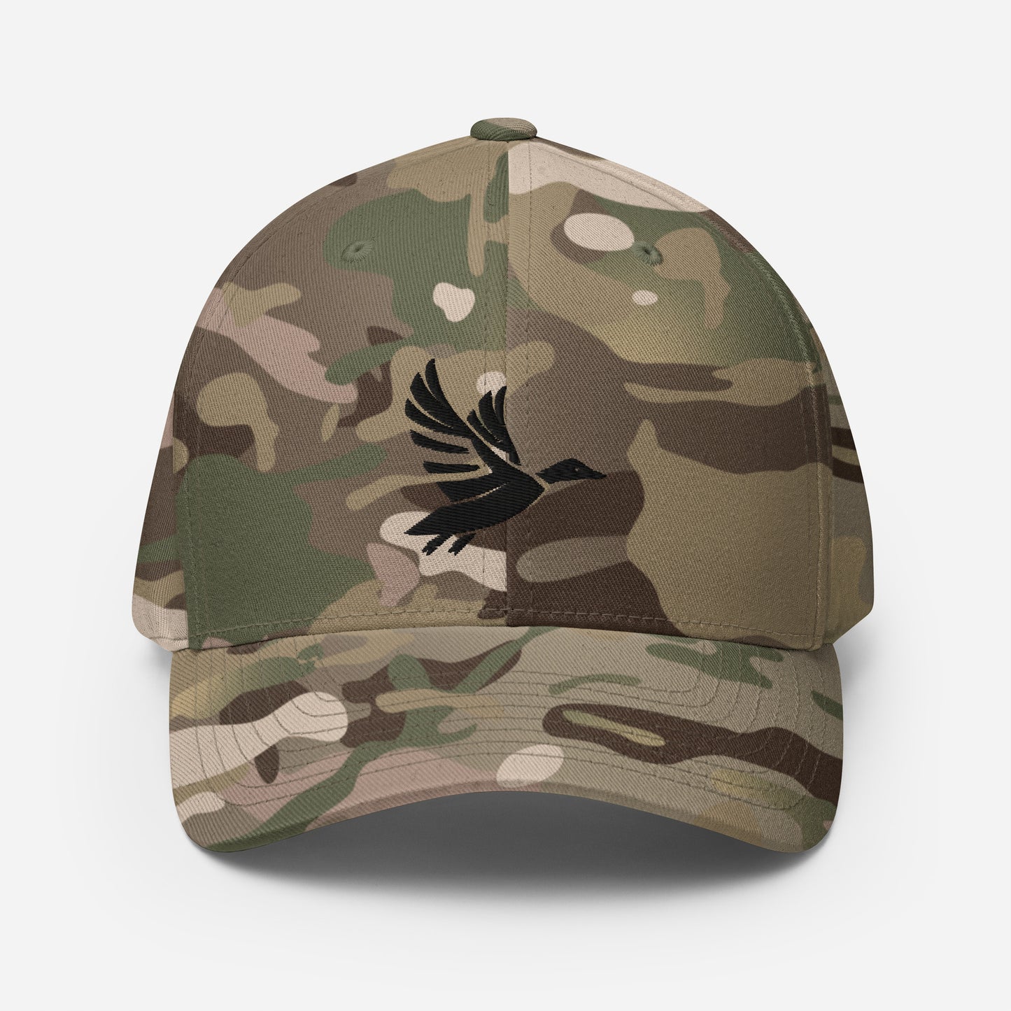 Front of Fearless Harbor FlexFit Hat in Multicam Green with black duck logo embroidery on front.