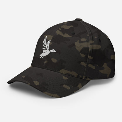 Left Front of Fearless Harbor FlexFit Hat in Multicam Black with white duck logo embroidery on front.