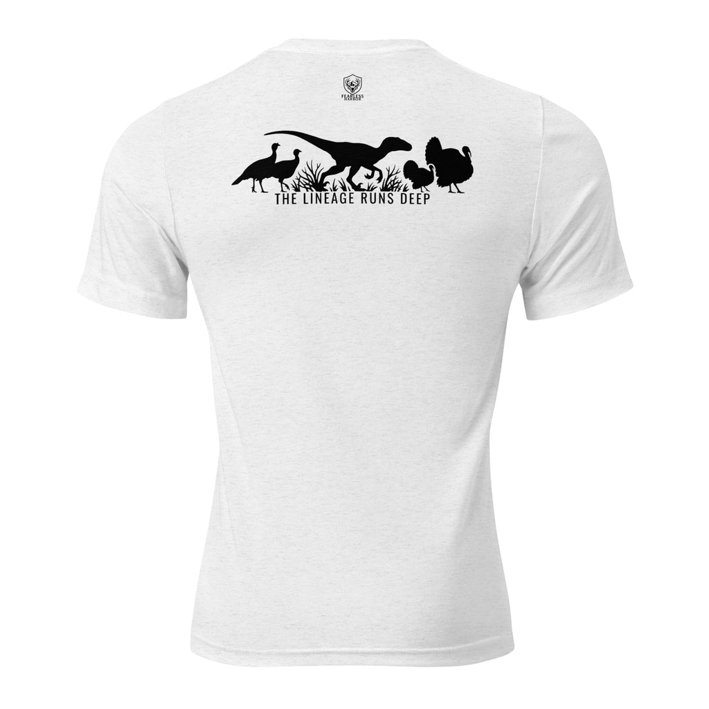 Solid White mens turkey hunting graphic tee back view showing raptor walking between turkeys with The Lineage Runs Deep graphic