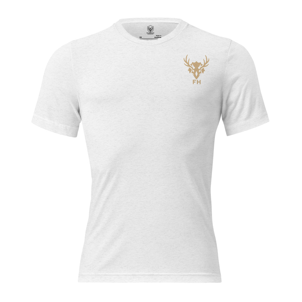 Solid White mens turkey hunting graphic tee front view with Fearless Harbor chest mark