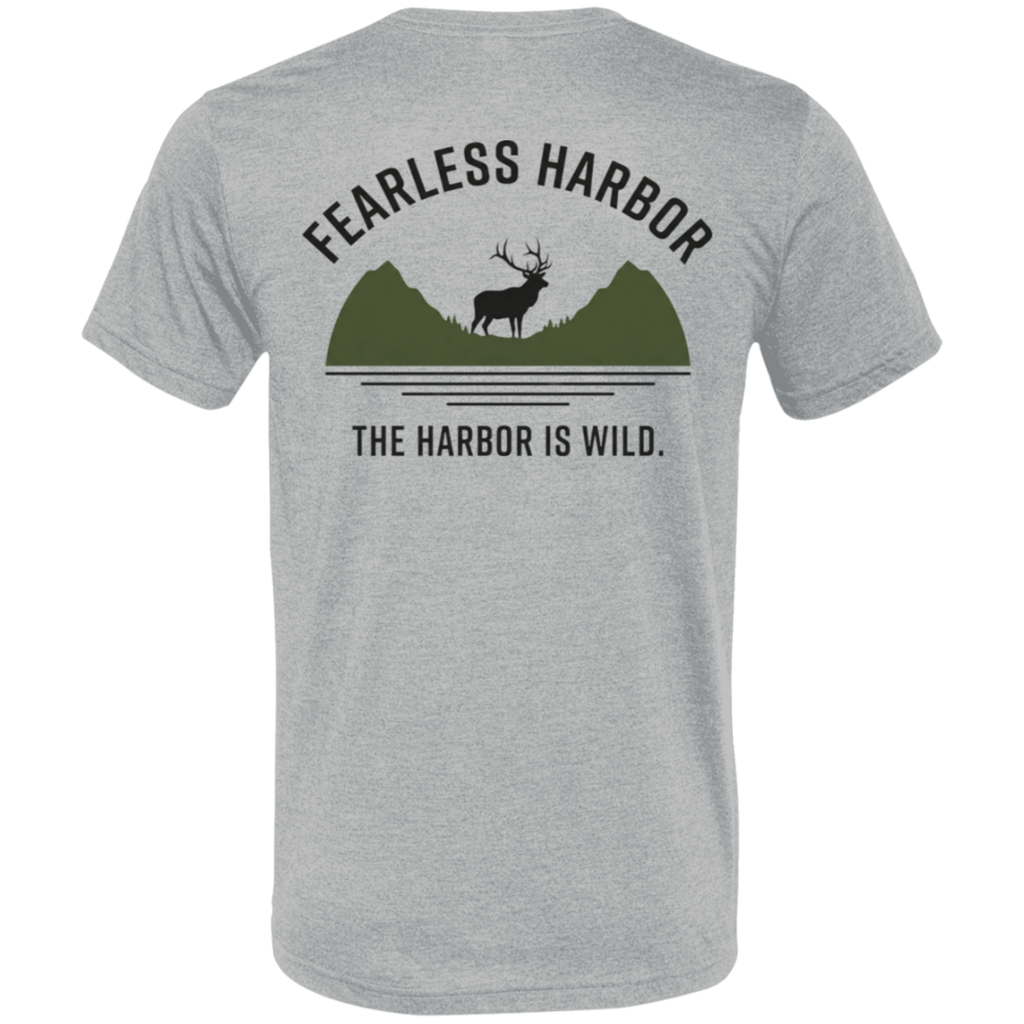 Back view of athletic grey elk hunting t shirt featuring bull elk silhouette standing before green mountain shapes with Fearless Harbor and The Harbor Is Wild text.