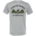 Back view of athletic grey elk hunting t shirt featuring bull elk silhouette standing before green mountain shapes with Fearless Harbor and The Harbor Is Wild text.