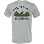 Back view of athletic grey elk hunting t shirt featuring bull elk silhouette standing before green mountain shapes with Fearless Harbor and The Harbor Is Wild text.