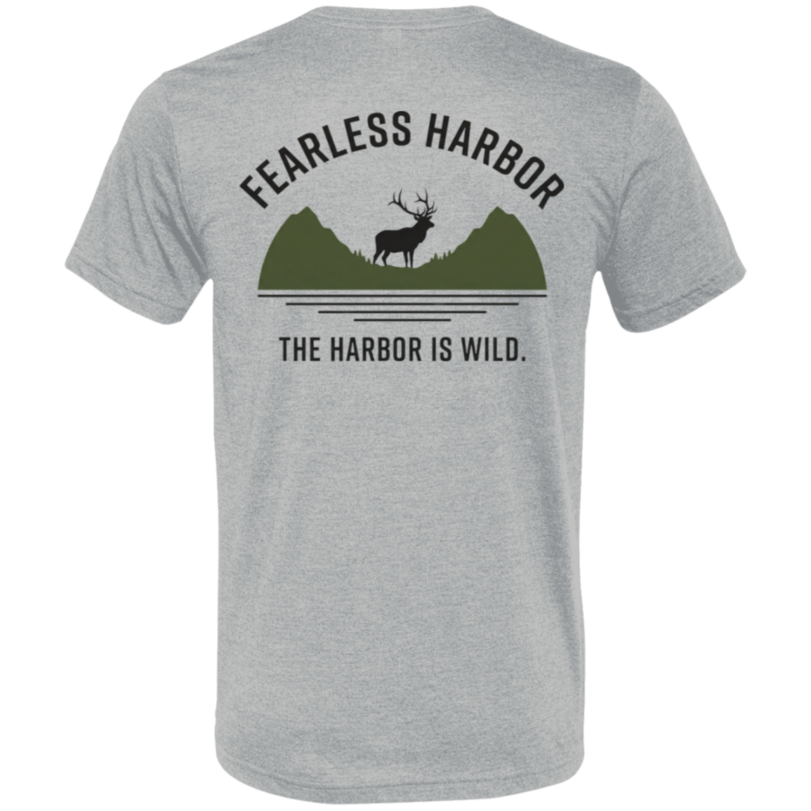 Back view of athletic grey elk hunting t shirt featuring bull elk silhouette standing before green mountain shapes with Fearless Harbor and The Harbor Is Wild text.