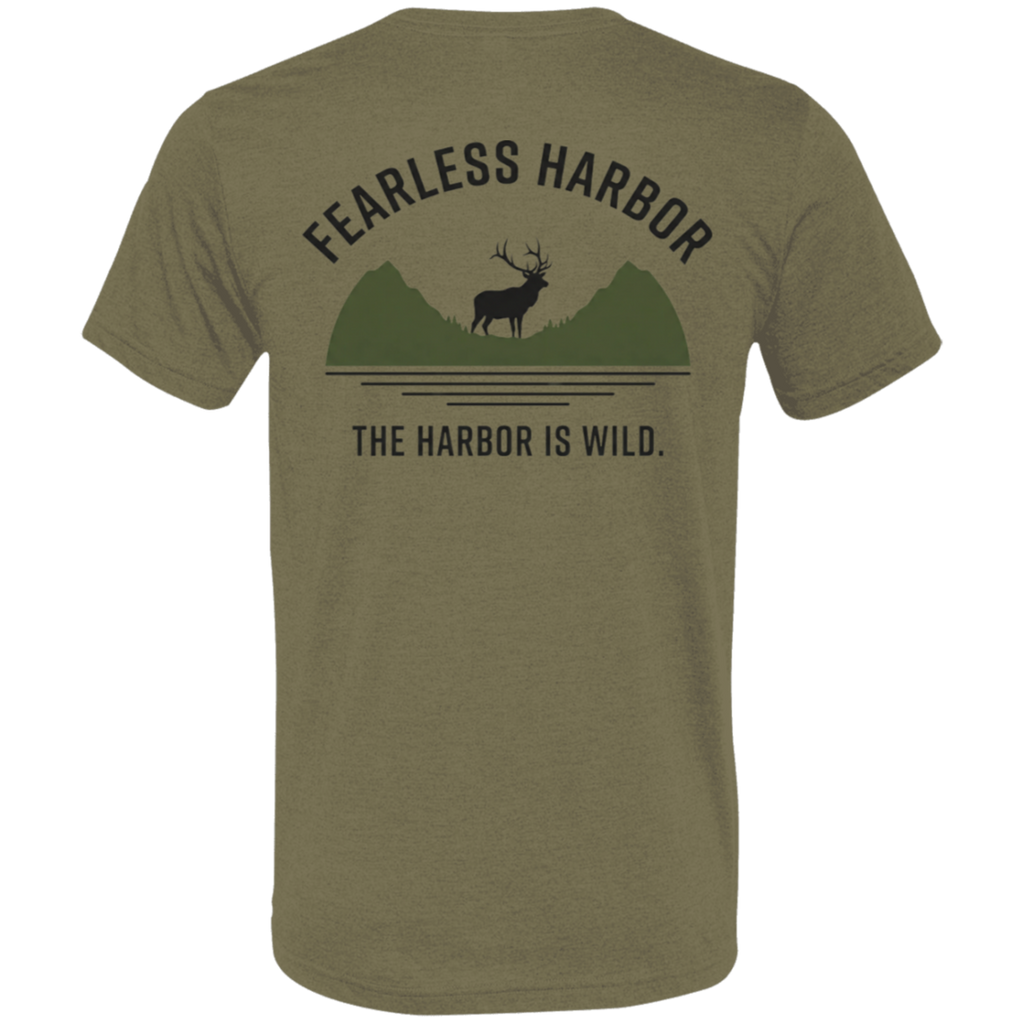 Back view of olive elk hunting t shirt featuring bull elk silhouette against layered mountain graphic with Fearless Harbor and The Harbor Is Wild text.