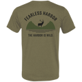Back view of olive elk hunting t shirt featuring bull elk silhouette against layered mountain graphic with Fearless Harbor and The Harbor Is Wild text.