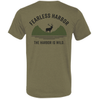 Back view of olive elk hunting t shirt featuring bull elk silhouette against layered mountain graphic with Fearless Harbor and The Harbor Is Wild text.