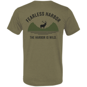 Back view of olive elk hunting t shirt featuring bull elk silhouette against layered mountain graphic with Fearless Harbor and The Harbor Is Wild text.
