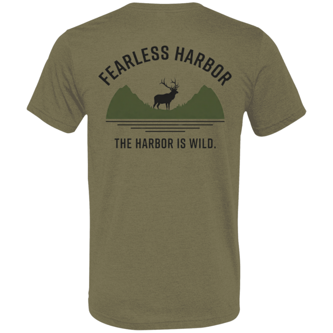 Back view of olive elk hunting t shirt featuring bull elk silhouette against layered mountain graphic with Fearless Harbor and The Harbor Is Wild text.