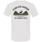 Back view of white elk hunting t shirt featuring bull elk silhouette in front of green mountains with Fearless Harbor and The Harbor Is Wild wording.