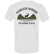 Back view of white elk hunting t shirt featuring bull elk silhouette in front of green mountains with Fearless Harbor and The Harbor Is Wild wording.