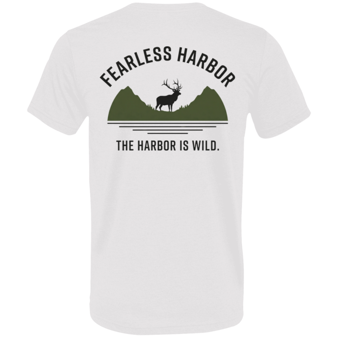 Back view of white elk hunting t shirt featuring bull elk silhouette in front of green mountains with Fearless Harbor and The Harbor Is Wild wording.