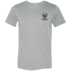 Front view of athletic grey premium elk hunting graphic tee with small Fearless Harbor shield logo on left chest.