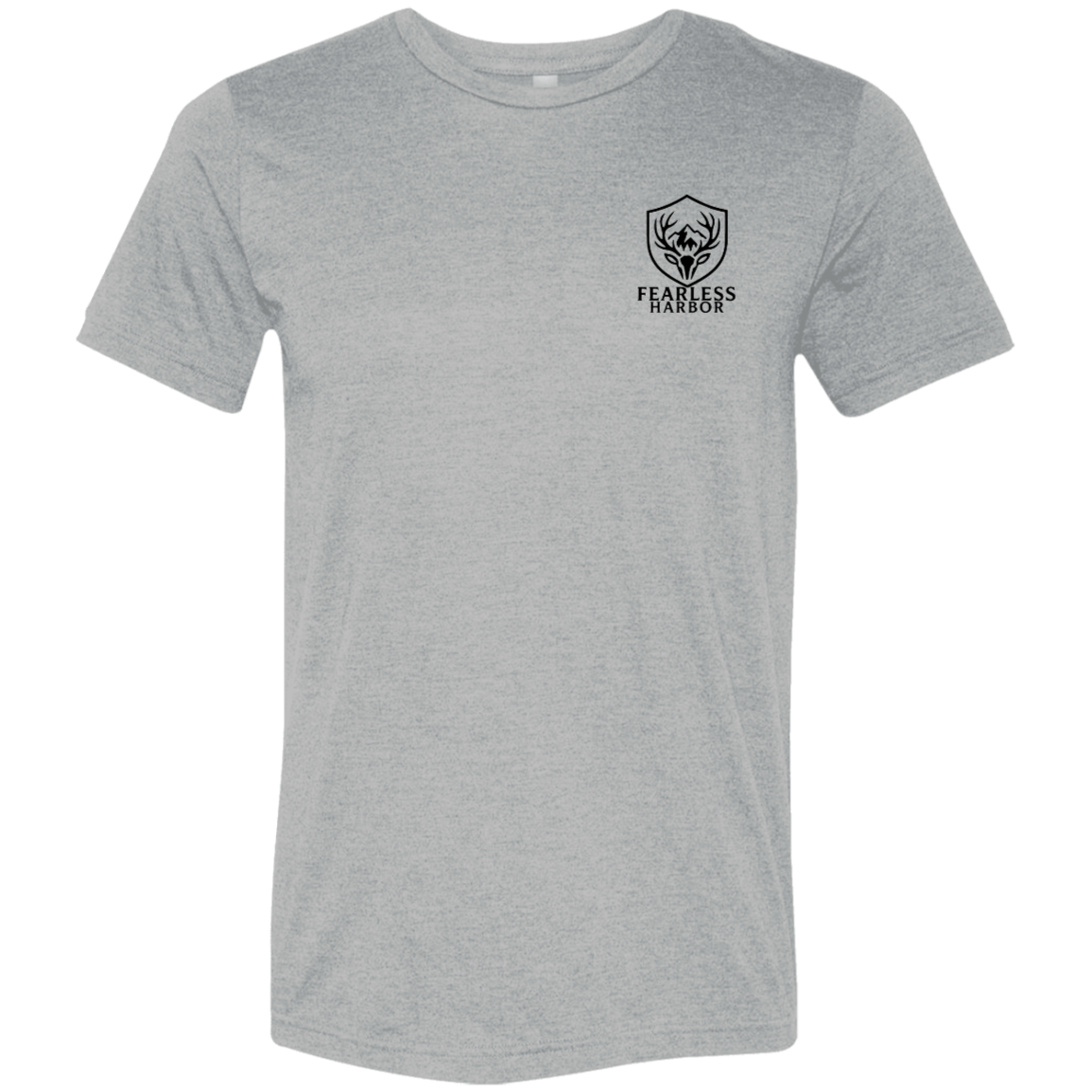 Front view of athletic grey premium elk hunting graphic tee with small Fearless Harbor shield logo on left chest.