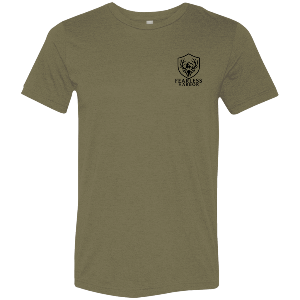Front view of olive premium elk hunting graphic tee with small Fearless Harbor shield logo on left chest.