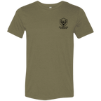Front view of olive premium elk hunting graphic tee with small Fearless Harbor shield logo on left chest.
